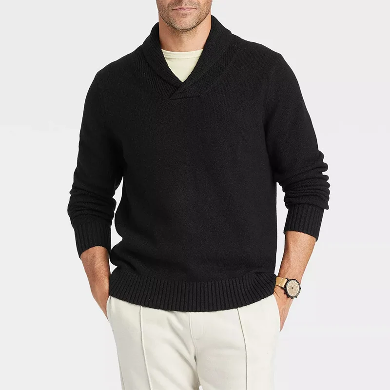 Herren Schalkragen-Pullover aus meliertem Feinstrick mit Rippbündchen Nord Taschen
