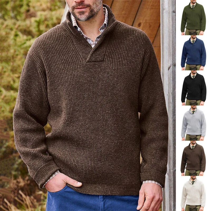 Herren Rippenstrick-Pullover mit Schalkragen und kurzem V-Ausschnitt Nord Taschen