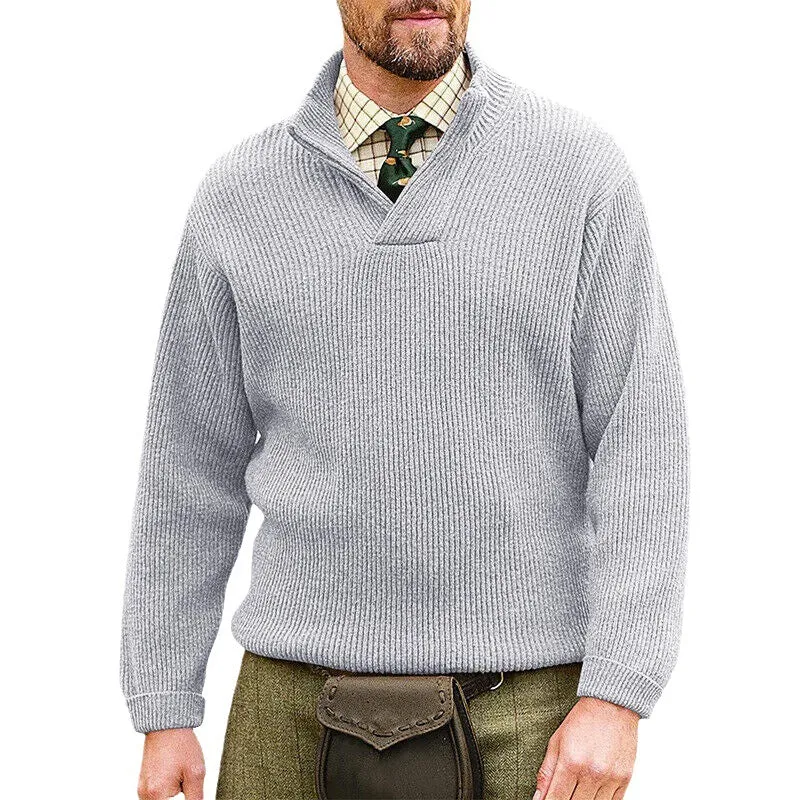 Herren Rippenstrick-Pullover mit Schalkragen und kurzem V-Ausschnitt Nord Taschen