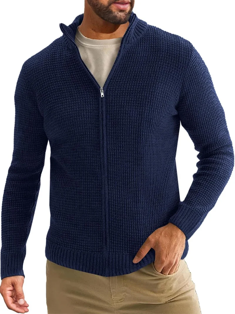 Herren Reißverschluss-Strickjacke mit Waffelstruktur und Stehkragen Nord Taschen