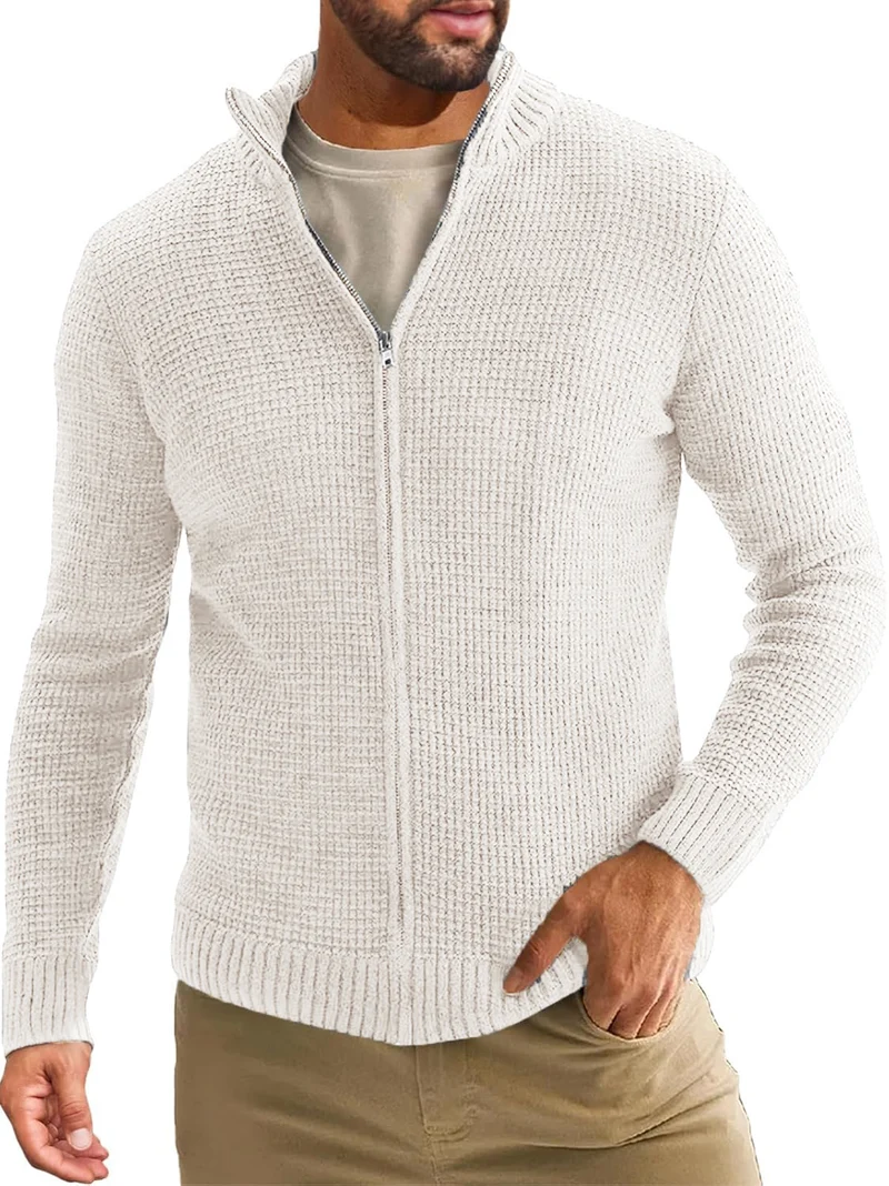 Herren Reißverschluss-Strickjacke mit Waffelstruktur und Stehkragen Nord Taschen