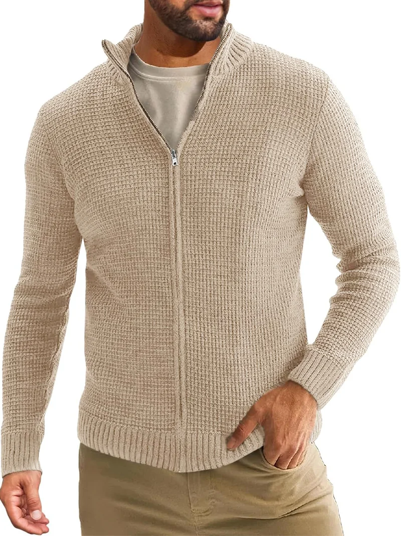 Herren Reißverschluss-Strickjacke mit Waffelstruktur und Stehkragen Nord Taschen
