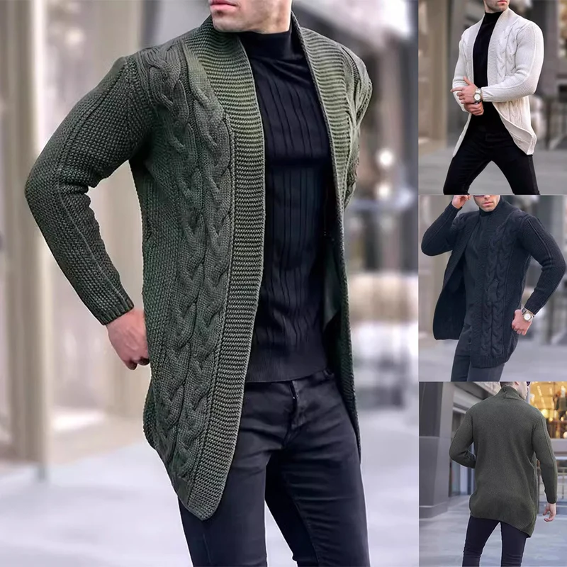 Herren Longline-Strickcardigan mit Schalkragen, Zopf- und Perlmuster Nord Taschen