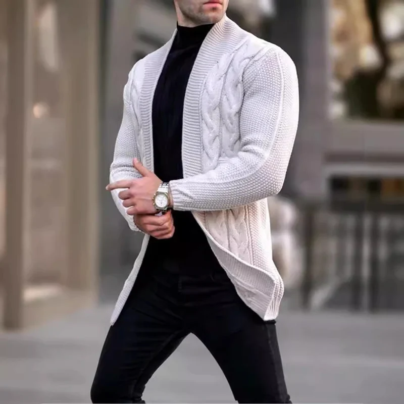Herren Longline-Strickcardigan mit Schalkragen, Zopf- und Perlmuster Nord Taschen