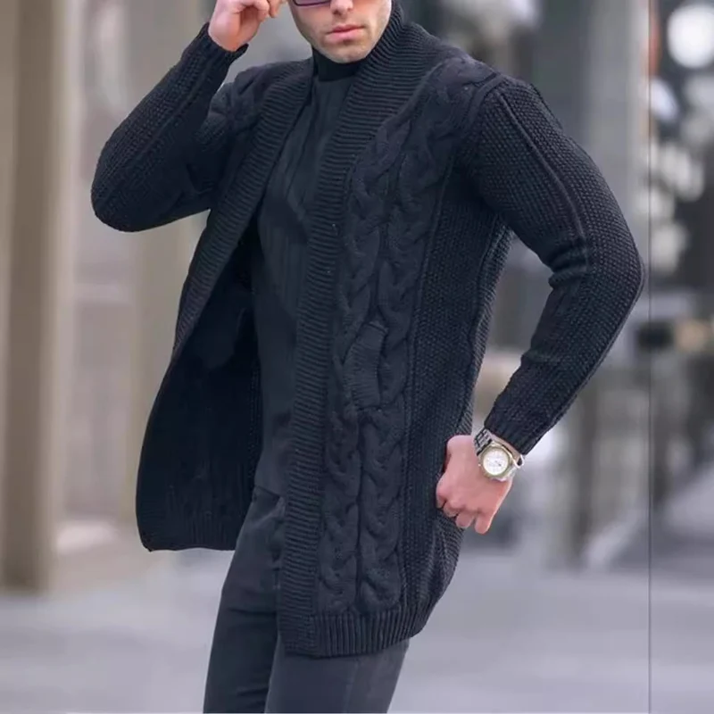 Herren Longline-Strickcardigan mit Schalkragen, Zopf- und Perlmuster Nord Taschen