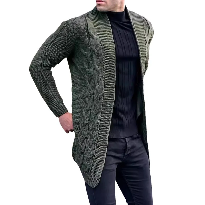 Herren Longline-Strickcardigan mit Schalkragen, Zopf- und Perlmuster Nord Taschen