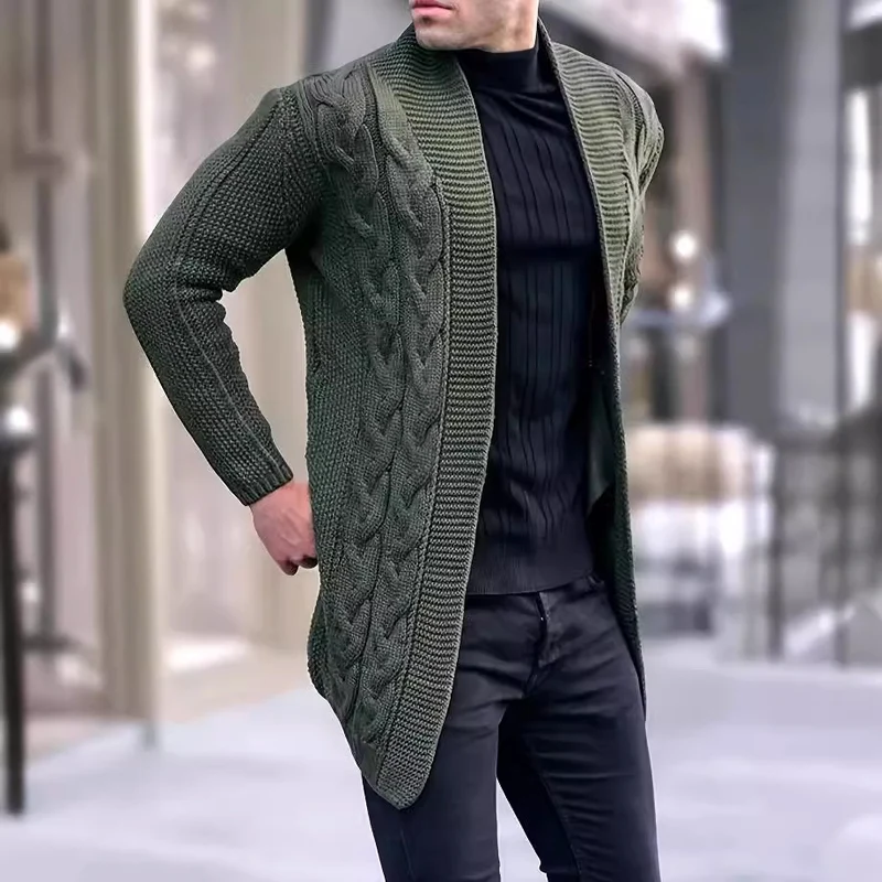 Herren Longline-Strickcardigan mit Schalkragen, Zopf- und Perlmuster Nord Taschen