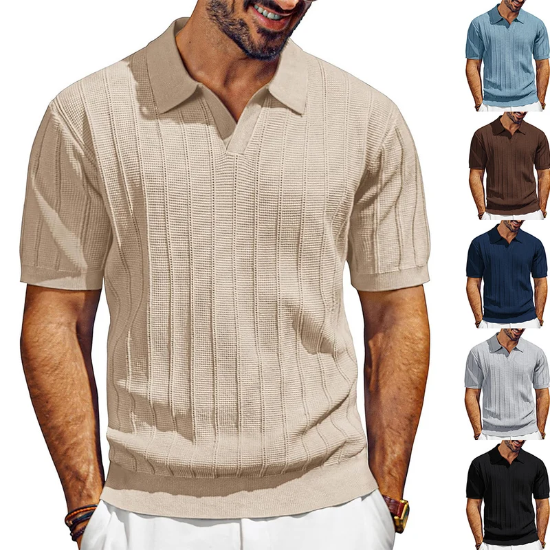 Herren leichtes Kurzarm Strick-Poloshirt mit strukturiertem Rippmuster Nord Taschen