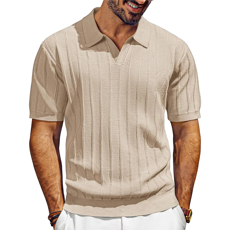 Herren leichtes Kurzarm Strick-Poloshirt mit strukturiertem Rippmuster Nord Taschen