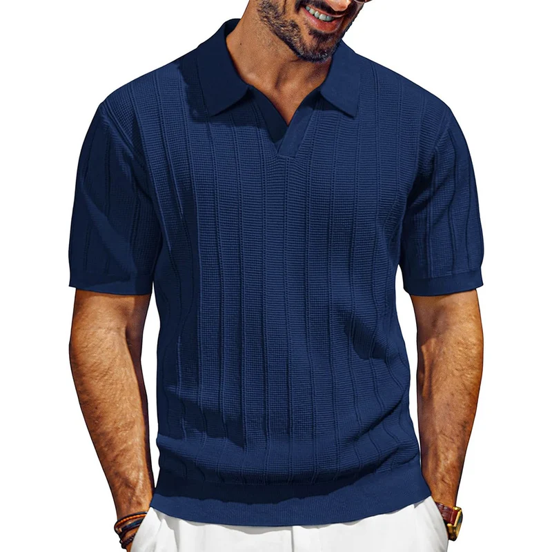 Herren leichtes Kurzarm Strick-Poloshirt mit strukturiertem Rippmuster Nord Taschen