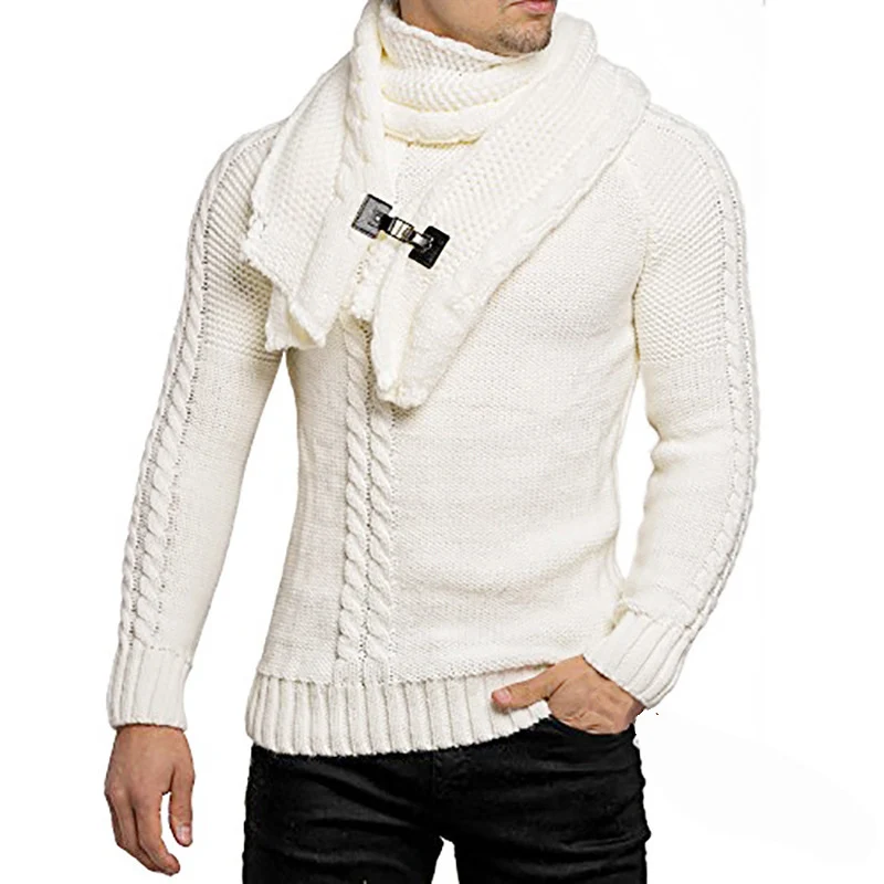 Herren Grobstrick-Pullover mit integriertem Wickelkragen und Schnallen-Schal Nord Taschen