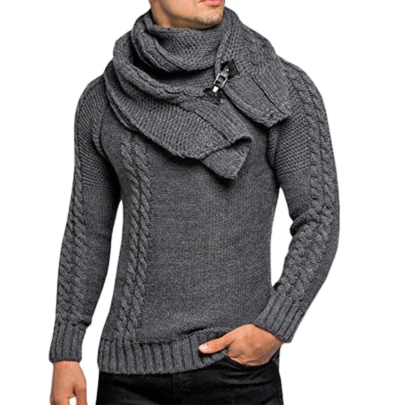Herren Grobstrick-Pullover mit integriertem Wickelkragen und Schnallen-Schal Nord Taschen