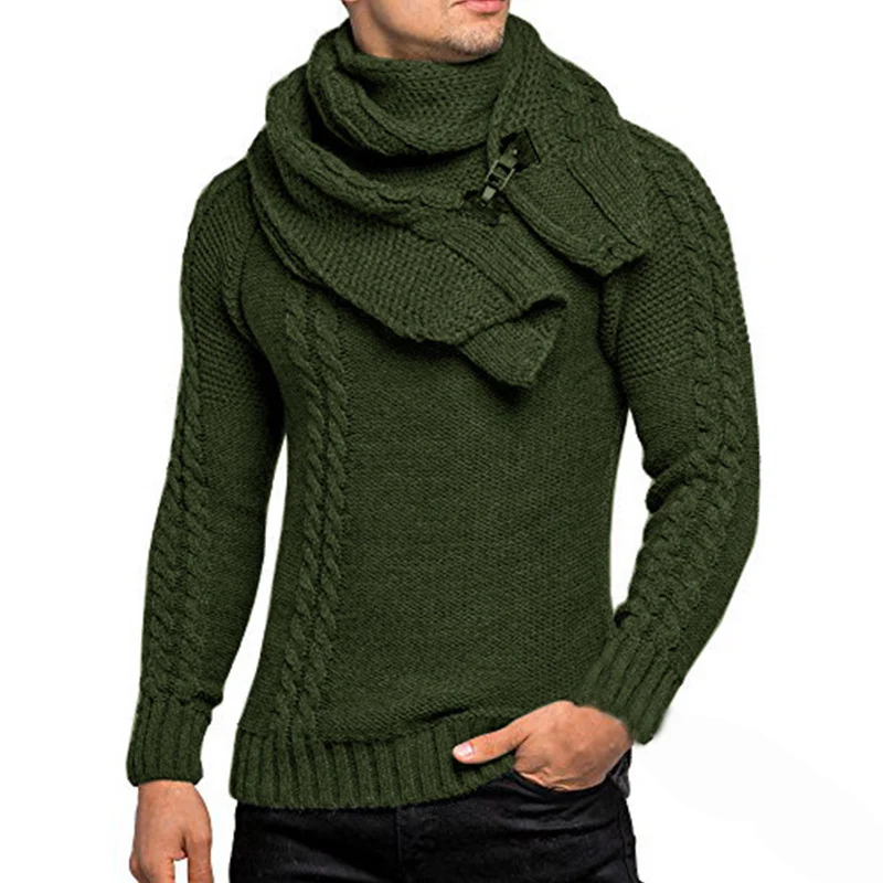 Herren Grobstrick-Pullover mit integriertem Wickelkragen und Schnallen-Schal Nord Taschen