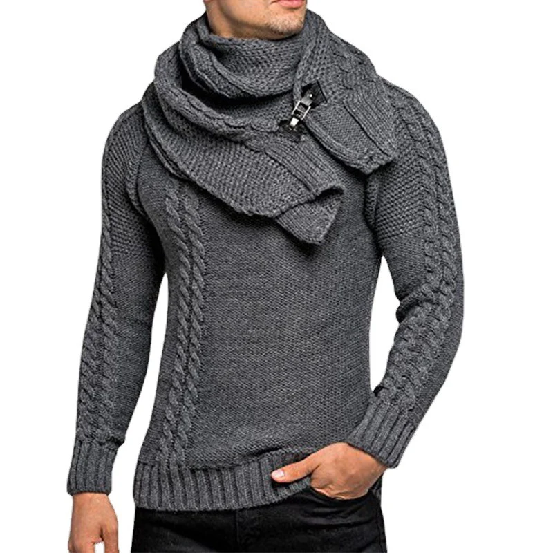 Herren Grobstrick-Pullover mit integriertem Wickelkragen und Schnallen-Schal Nord Taschen