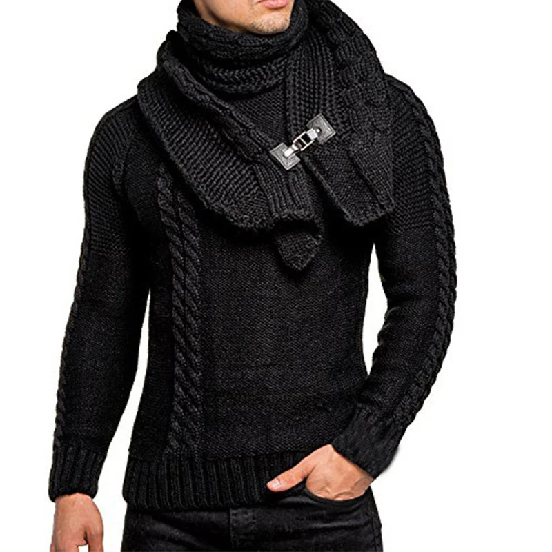Herren Grobstrick-Pullover mit integriertem Wickelkragen und Schnallen-Schal Nord Taschen