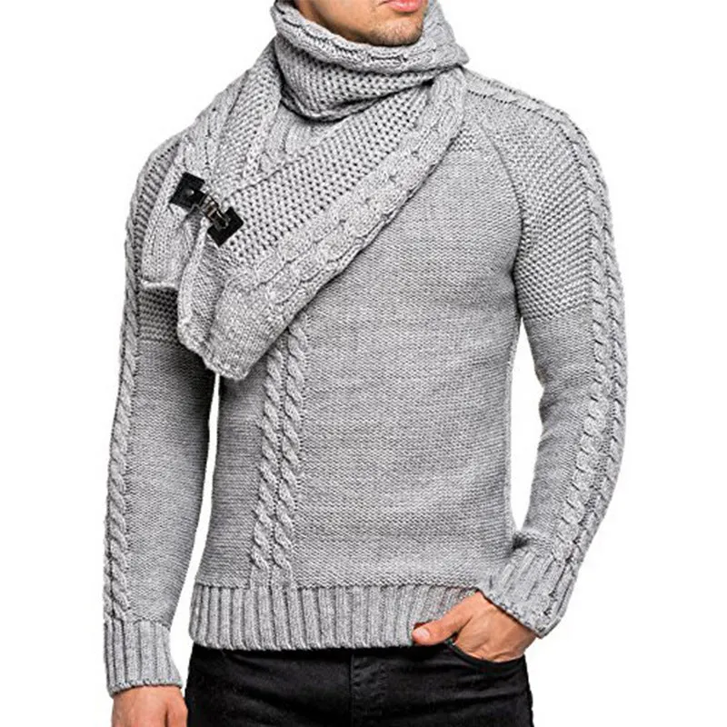 Herren Grobstrick-Pullover mit integriertem Wickelkragen und Schnallen-Schal Nord Taschen