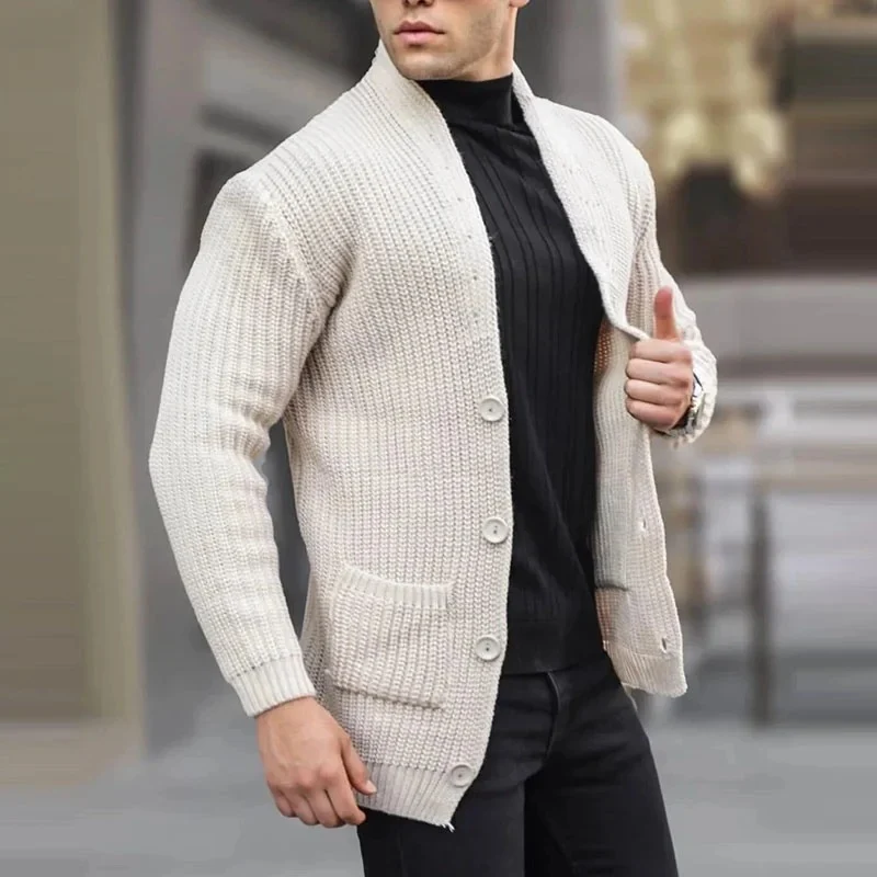 Herren Grobstrick-Cardigan mit Schalkragen und aufgesetzten Taschen Nord Taschen