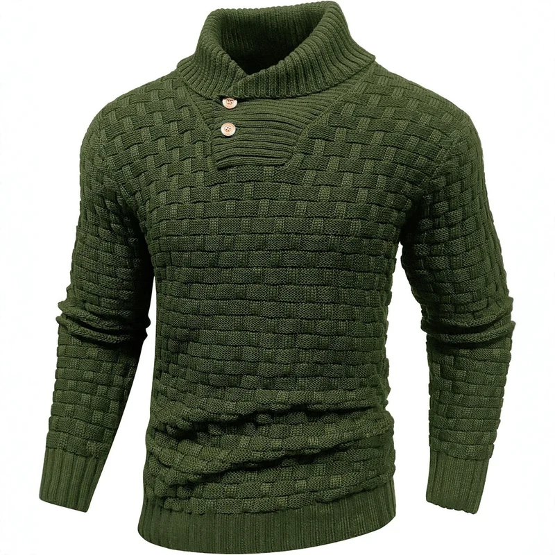 Herren Grobgestrickter Pullover mit hohem Rollkragen, Knopfleiste und Körbchenstrick Nord Taschen