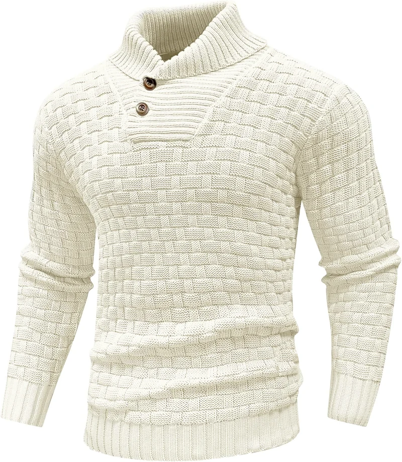 Herren Grobgestrickter Pullover mit hohem Rollkragen, Knopfleiste und Körbchenstrick Nord Taschen