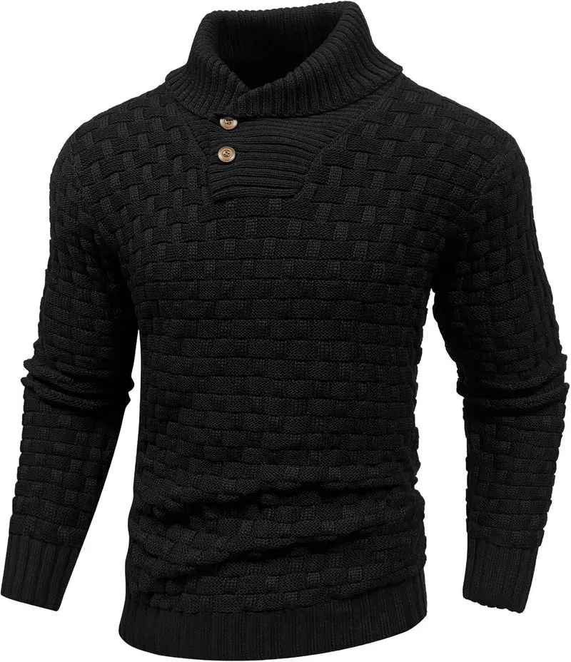 Herren Grobgestrickter Pullover mit hohem Rollkragen, Knopfleiste und Körbchenstrick Nord Taschen