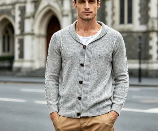 Herren Feinstrick-Cardigan mit Schalkragen, Karabiner-Verschlüssen und Strukturstrick Nord Taschen
