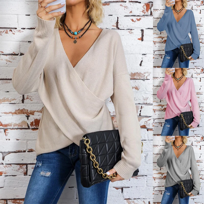 Damen Wickel-Strickpullover mit tiefem V-Ausschnitt und überschnittenen Ärmeln Nord Taschen