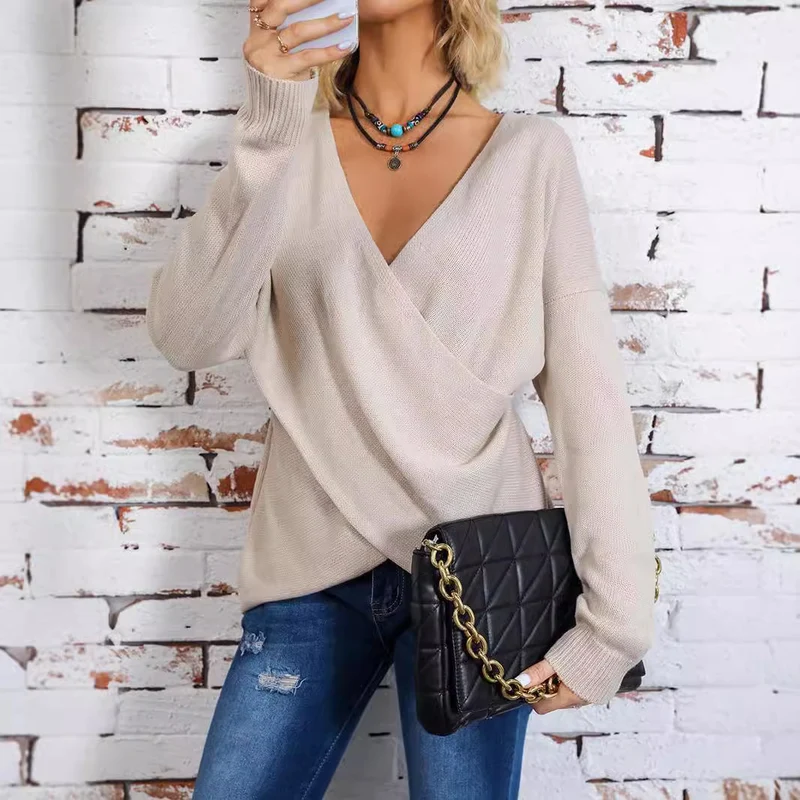 Damen Wickel-Strickpullover mit tiefem V-Ausschnitt und überschnittenen Ärmeln Nord Taschen