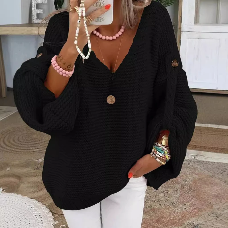 Damen weiter Strickpullover mit V-Ausschnitt, Ballonärmeln und Knopfdetail Nord Taschen