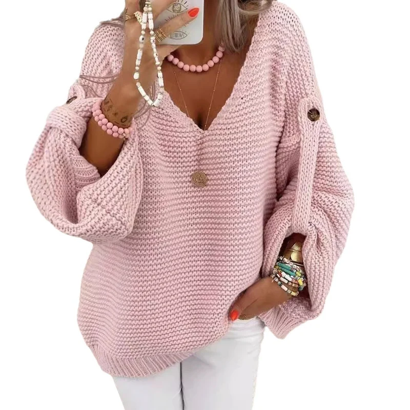 Damen weiter Strickpullover mit V-Ausschnitt, Ballonärmeln und Knopfdetail Nord Taschen