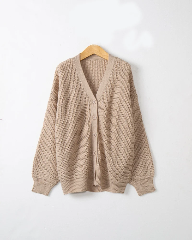 Damen Waffelstruktur-Cardigan mit tiefem V-Ausschnitt und kastigem Oversize-Schnitt Nord Taschen