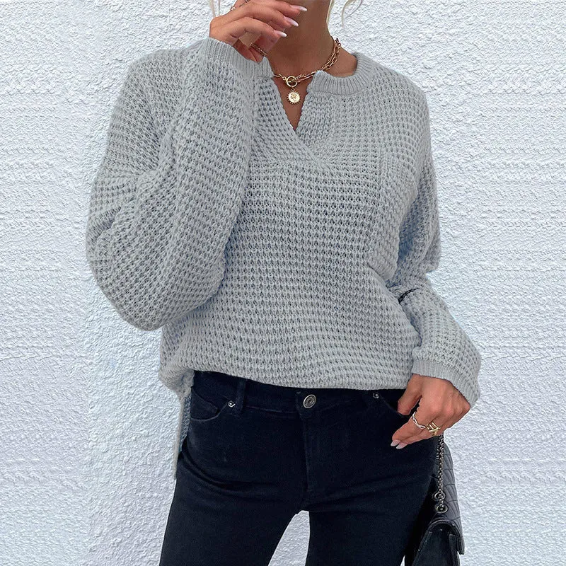 Damen Waffelstrick-Pullover mit V-Schlitz, oversized Schnitt und Ballonärmeln Nord Taschen