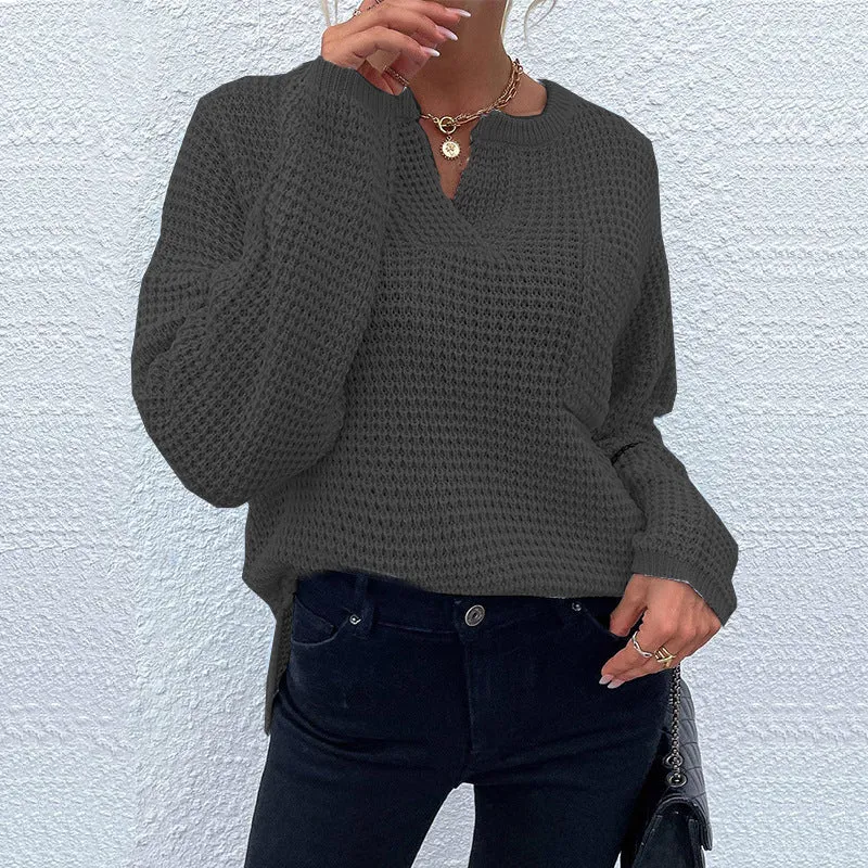 Damen Waffelstrick-Pullover mit V-Schlitz, oversized Schnitt und Ballonärmeln Nord Taschen