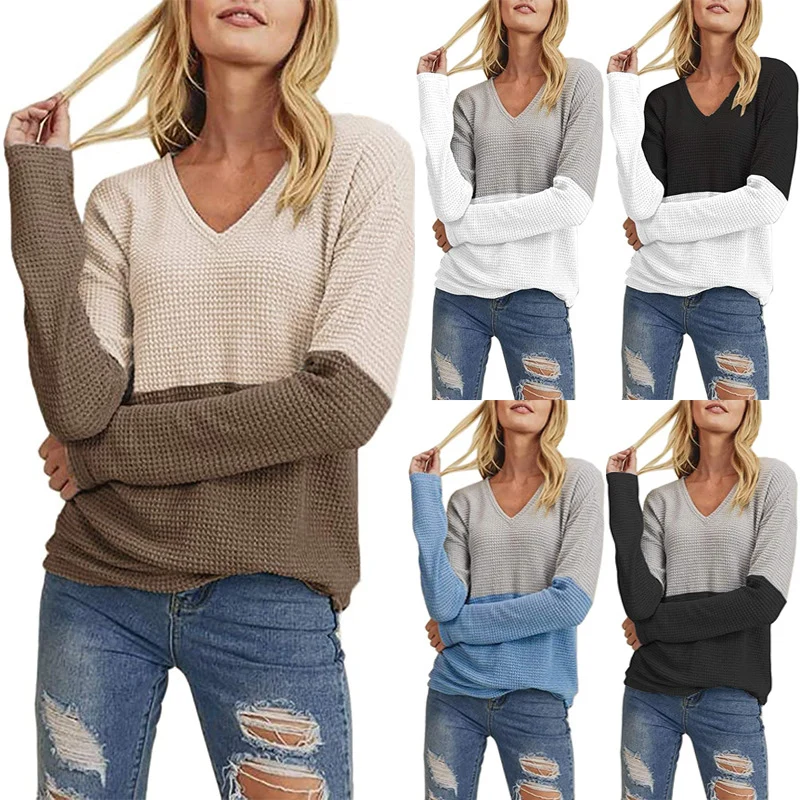 Damen Waffelstrick-Pullover mit V-Ausschnitt und Colorblock-Design Nord Taschen