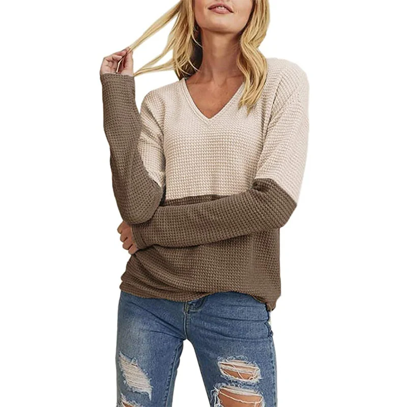 Damen Waffelstrick-Pullover mit V-Ausschnitt und Colorblock-Design Nord Taschen