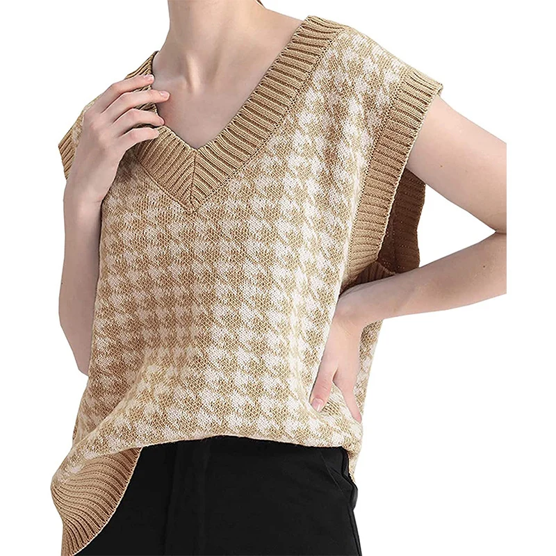 Damen Strickweste mit Hahnentritt-Muster, V-Ausschnitt und geripptem Saum Nord Taschen