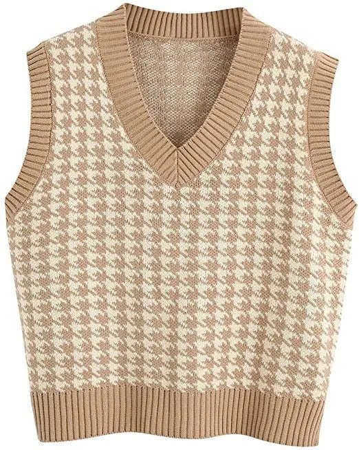 Damen Strickweste mit Hahnentritt-Muster, V-Ausschnitt und geripptem Saum Nord Taschen