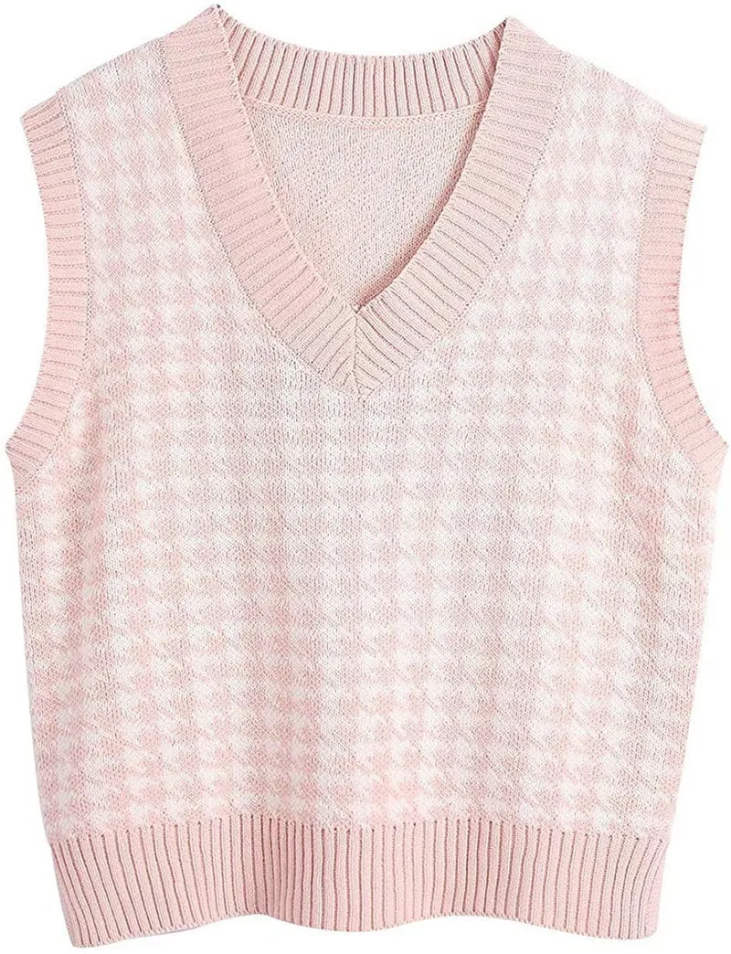 Damen Strickweste mit Hahnentritt-Muster, V-Ausschnitt und geripptem Saum Nord Taschen