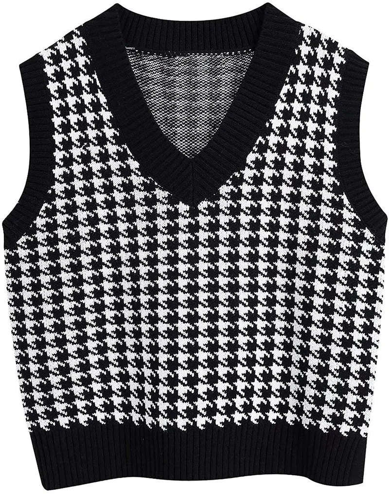 Damen Strickweste mit Hahnentritt-Muster, V-Ausschnitt und geripptem Saum Nord Taschen