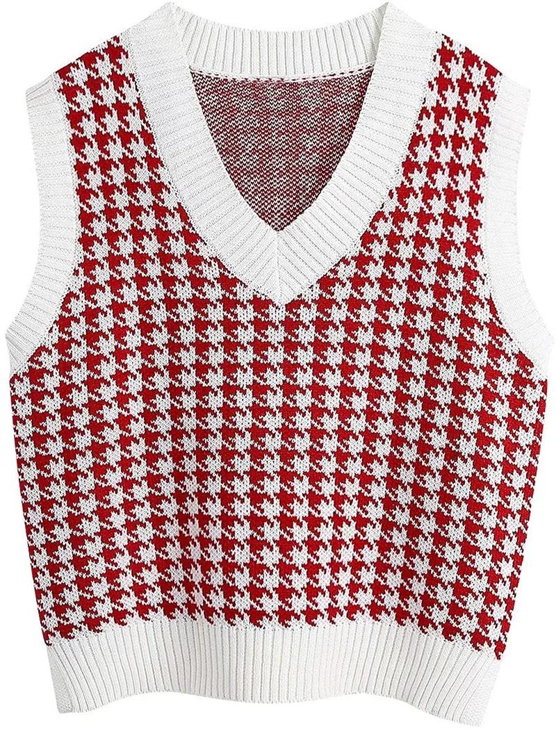 Damen Strickweste mit Hahnentritt-Muster, V-Ausschnitt und geripptem Saum Nord Taschen
