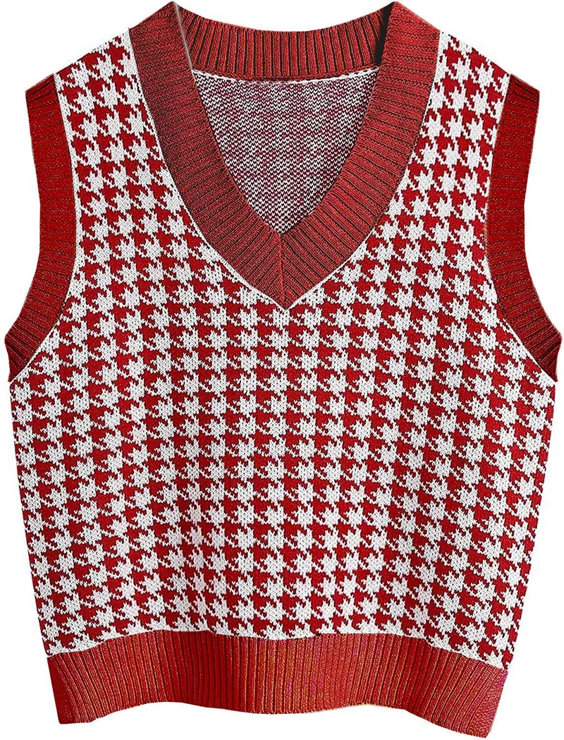 Damen Strickweste mit Hahnentritt-Muster, V-Ausschnitt und geripptem Saum Nord Taschen