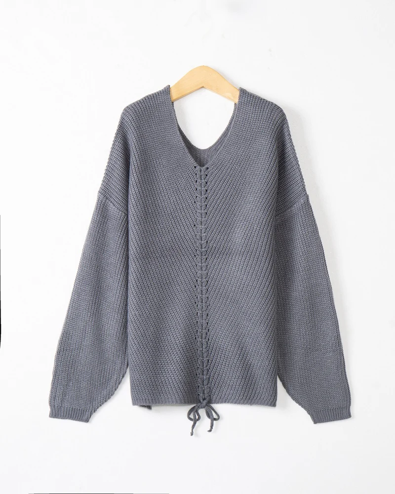 Damen Strickpullover mit Zopfmittelnaht, V‑Ausschnitt und Kordelzug Nord Taschen