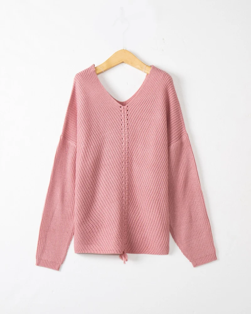 Damen Strickpullover mit Zopfmittelnaht, V‑Ausschnitt und Kordelzug Nord Taschen