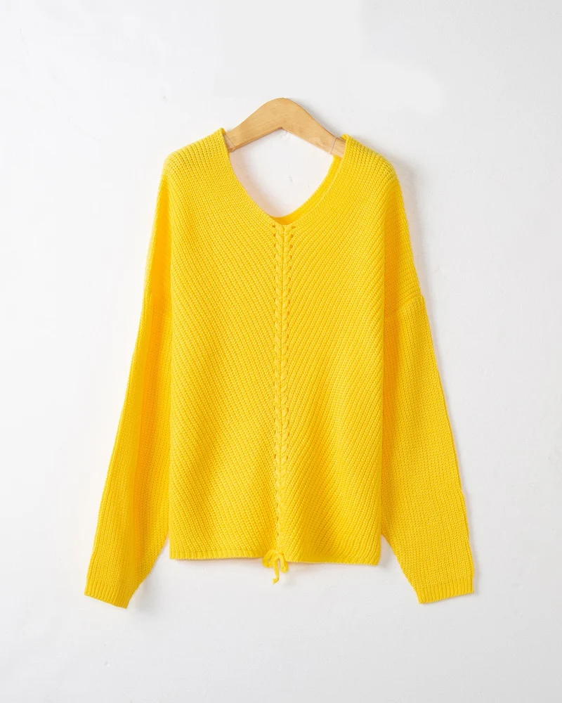 Damen Strickpullover mit Zopfmittelnaht, V‑Ausschnitt und Kordelzug Nord Taschen