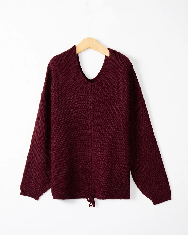 Damen Strickpullover mit Zopfmittelnaht, V‑Ausschnitt und Kordelzug Nord Taschen