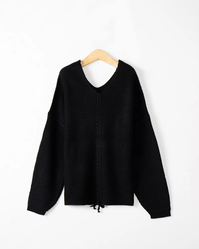 Damen Strickpullover mit Zopfmittelnaht, V‑Ausschnitt und Kordelzug Nord Taschen