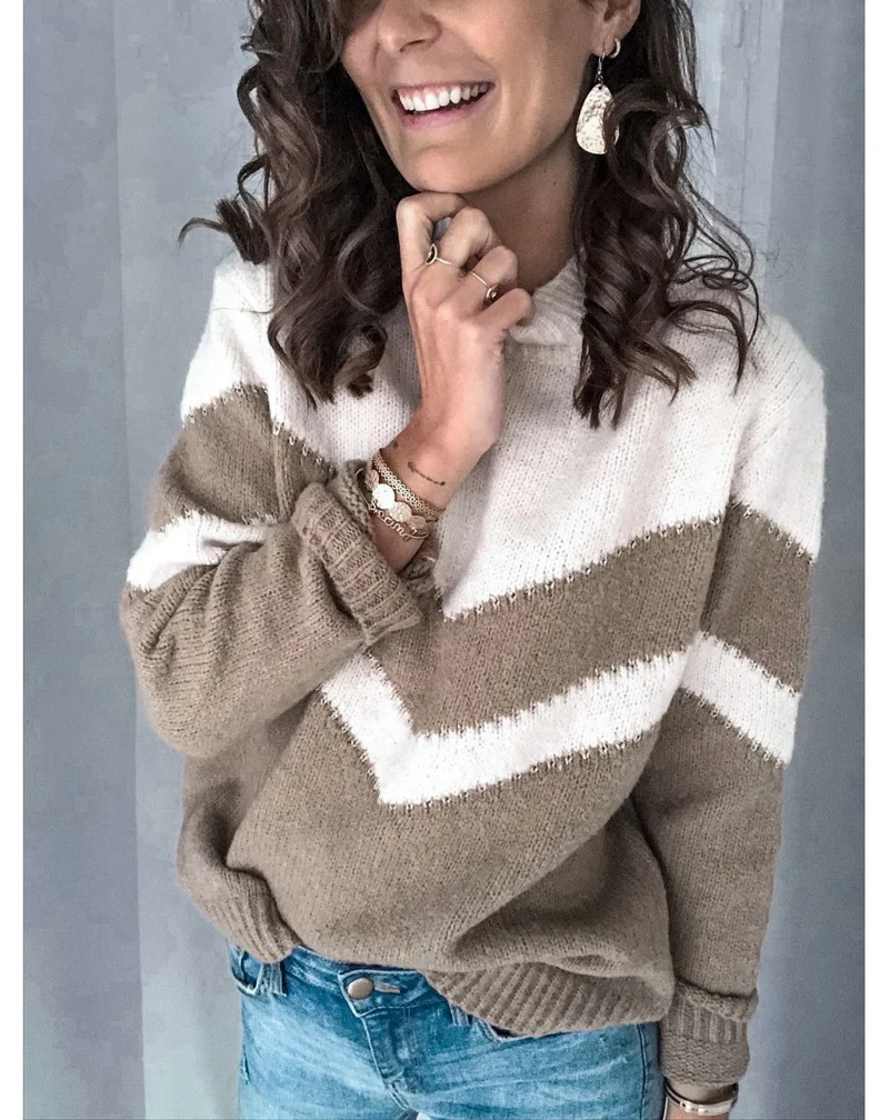 Damen Strickpullover mit hohem Stehkragen und Chevron‑Muster Nord Taschen
