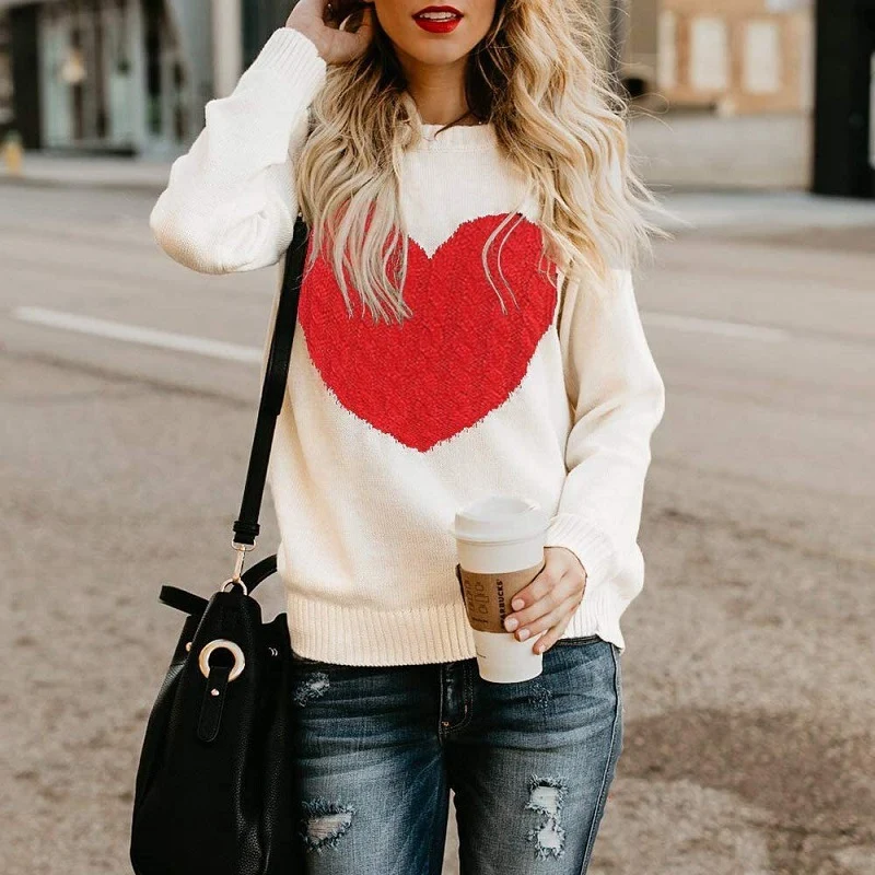Damen Strickpullover mit Herzapplikation, Rippbündchen und legerer Passform Nord Taschen