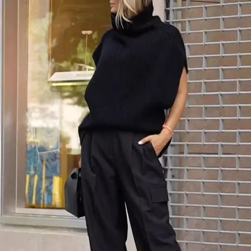 Damen Strick-Ärmellose Weste mit Rollkragen und Rippstruktur Nord Taschen
