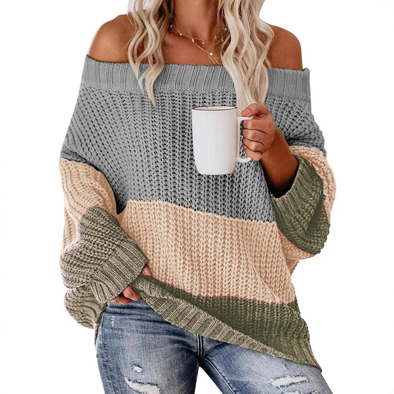 Damen Schulterfreier Oversize Blockstreifen Strickpullover Nord Taschen