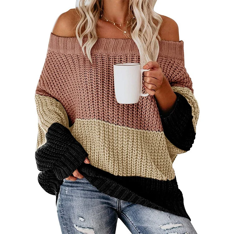 Damen Schulterfreier Oversize Blockstreifen Strickpullover Nord Taschen